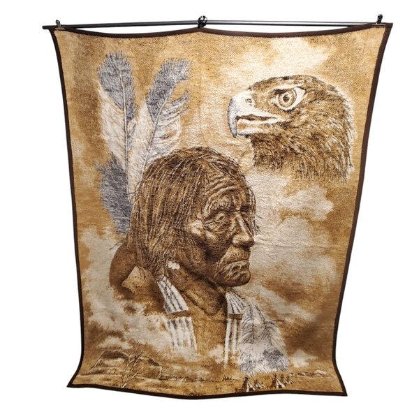 Vtg Biederlack Native American Eagle Throw Blanket Reversible 58 x 76 USA - Picture 1 of 4